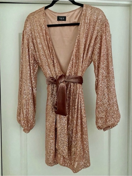 Vici Dresses & Skirts - Vici Rose Gold Sequin Wrap Romper with Velvet Tie